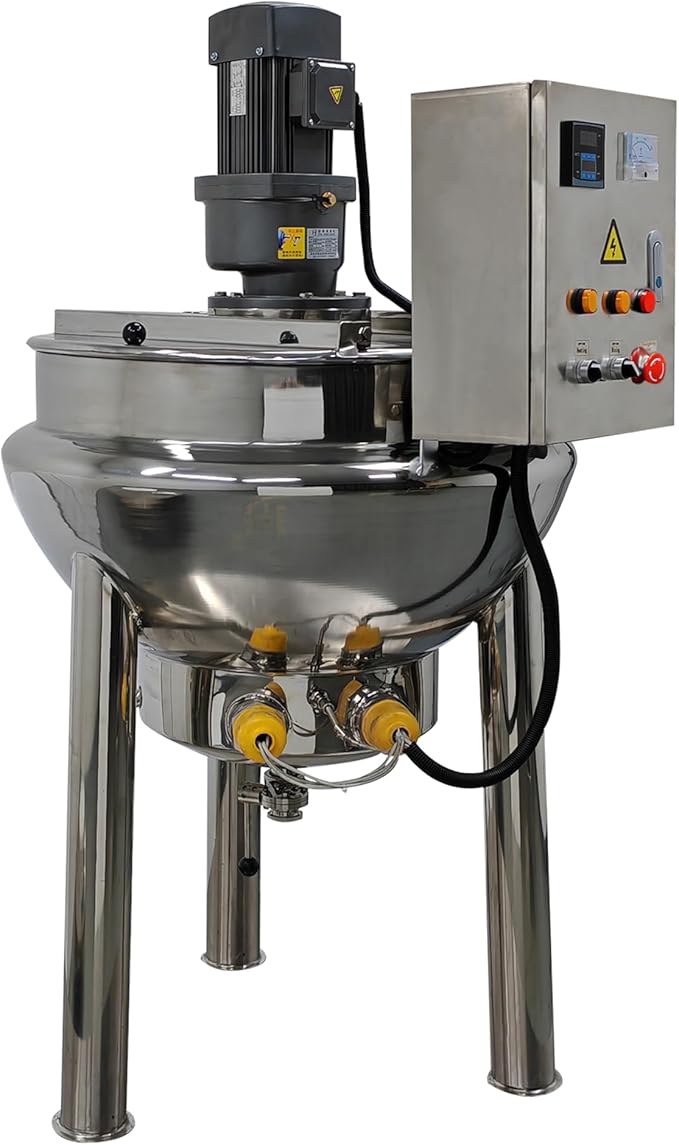 26Gal Vertical Jacketed Kettle Commercial Electric Tilting Stirring Jacketed Kettle with Stirrer Stainless Steel for Chili Sauce Jam Porridge 220V 60HZ 3-Phase 1.1KW