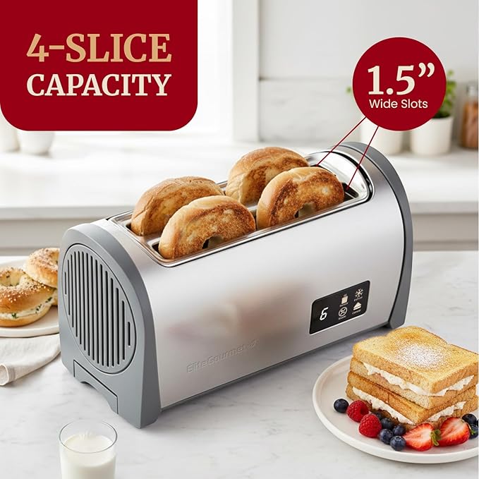 NEW Elite Gourmet ECT4200D Digital Long Slot 4-Slice Toaster, Touch Screen, 6 Toast Shades, Defrost, Reheat & Cancel Functions, Extra Wide 1.5” Slots, Fits Specialty Breads, Bagels & More, Stainless