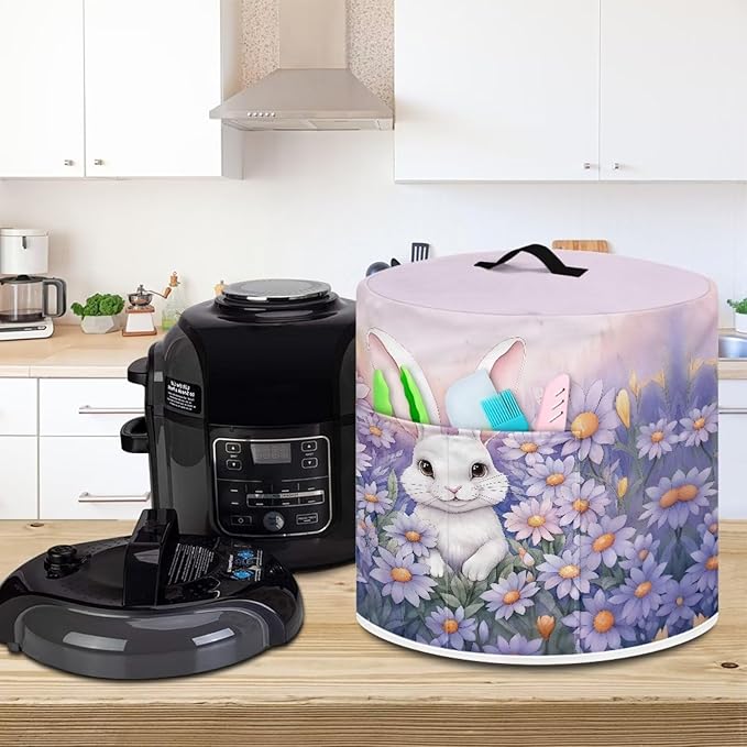 Pressure Cooker Cover for 6 Quart Air Fryer, Stain Resistant Washable Round Protective Electric Appliance Cover Kitchen Easter Decoration, Bunny Purple Flower