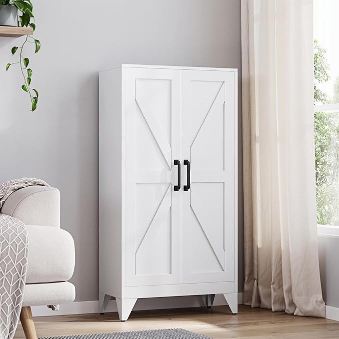 Yizosh Metal Storage Cabinet with 2 Doors and 3 Adjustable Shelves - 47" White Kitchen Pantry Storage Cabinet Locker for Kitchen,Living Room,Dining Room