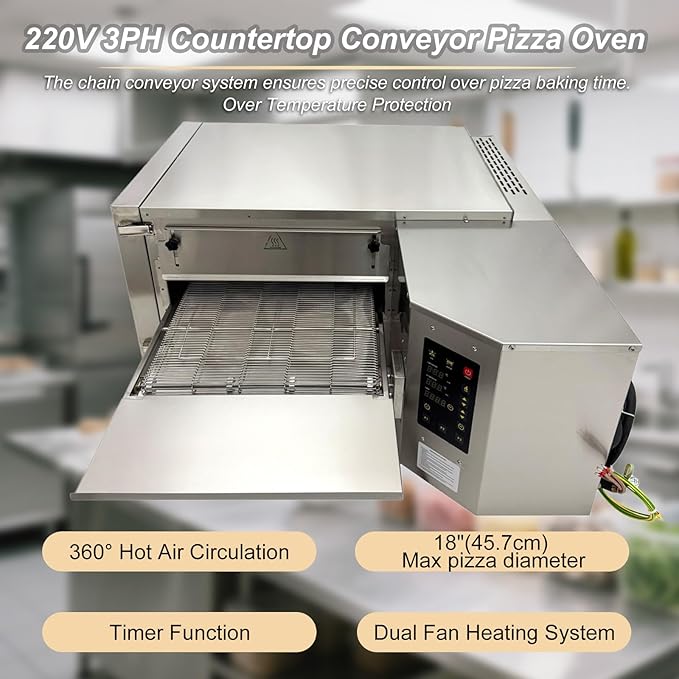 Conveyor Pizza Oven 32~572°F Commercial Conveyor Belt Hot Air Pizza Oven with 360° Circulating Fan Baking Electric Oven for Pizzerias, Cafes, and Fast-food Restaurants AC220V 3PH