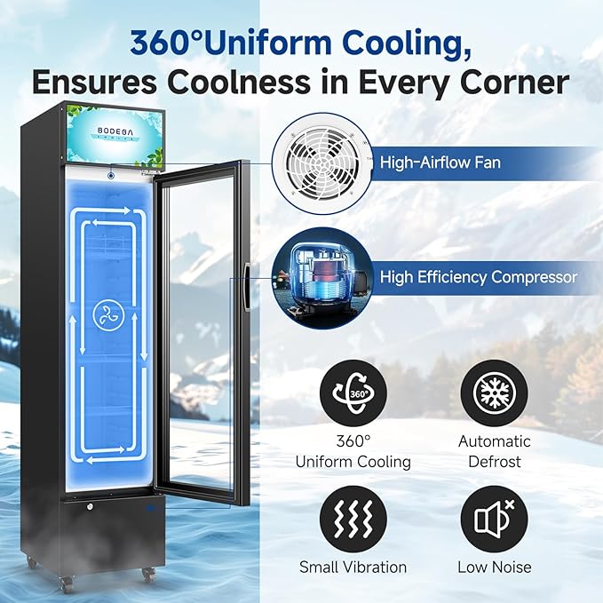 BODEGACOOLER Commercial Refrigerators, Drink Fridge with Glass Door, Tall Beverage Cooler, Single Door Display Refrigerator, for Beer, Soda, 7.71 Cu.ft Capacity