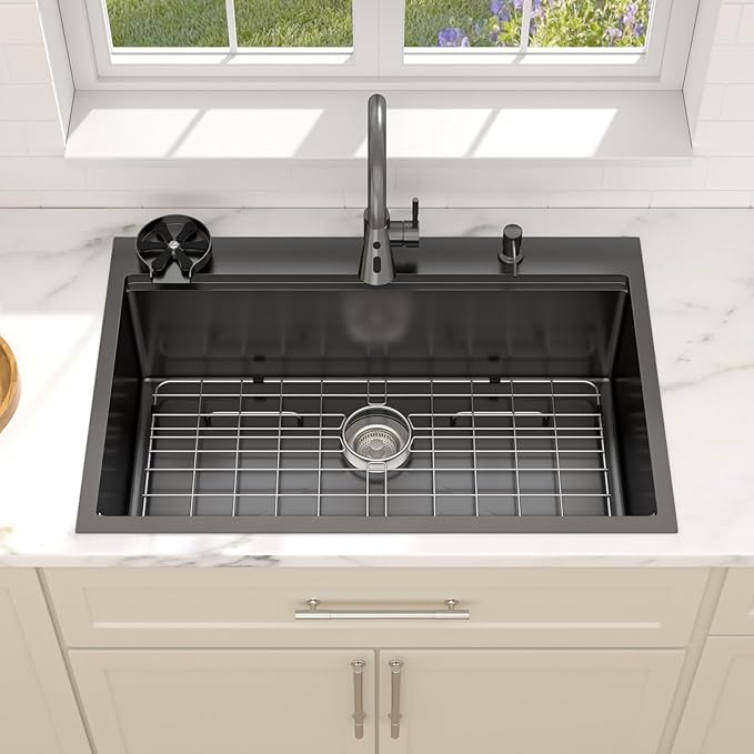 Dcolora 36 In. Black Kitchen Sink with Cup Washer, Large Single Bowl Drop In Installation, Heavy Duty 16 Gauge 304 Stainless Steel, Workstation with Valued Accessories, 36"x22"x10" #DC-T2533003BWS
