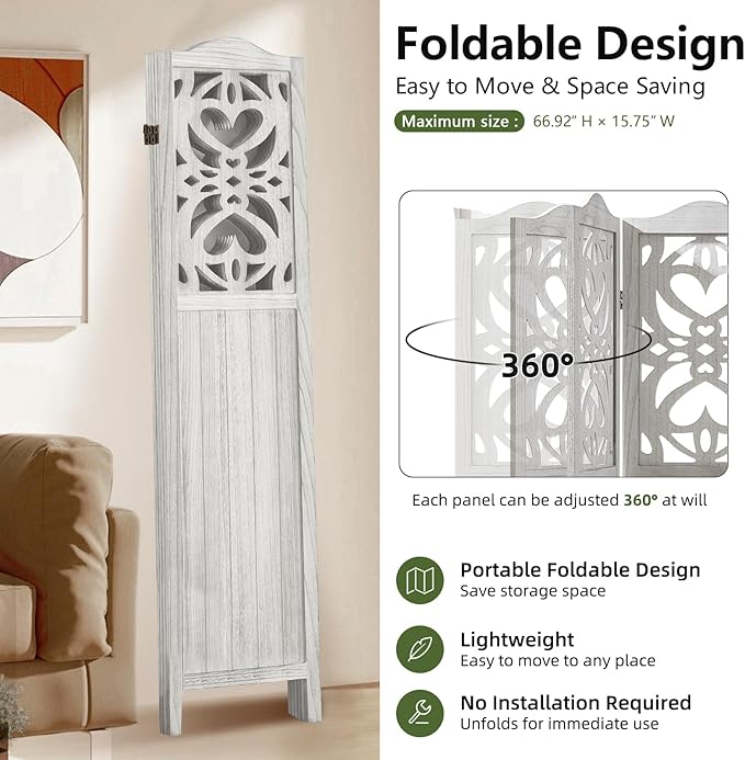 4 Panel Room Divider 5.6FT Wood Carved Room Divider Folding Privacy Screen with Double Hinges, Free Assembled Portable Partition Screen Divider for Room Separation Home Office - Retro White