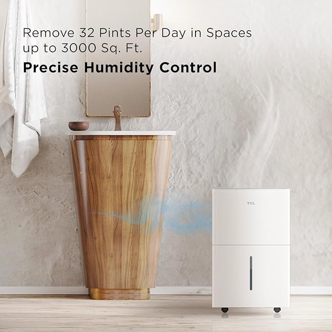 TCL 3000 Sq. Ft. Smart Dehumidifier, Energy Star Most Efficient, Ultra-Compact, 32 Pints Per Day, for Whole House, Basement, Bathroom & Bedroom, Works with Alexa/Google Assistant