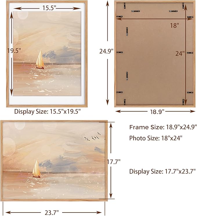 18x24 Picture Frame, Solid Oak Wood 18 x 24 Frame for Wall, 18 by 24 Oak Poster Frame with Real Glass, 18x24 Matted frame for 16x20, 18"x24" Wood Frame for Home Decor, Natural Oak Color, Set of 1