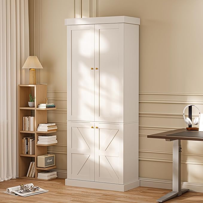 70.8" Tall Farmhouse Kitchen Pantry Cabinet with Doors, Modular Wooden Storage Hutch with 4-Tier Adjustable Shelves, White Buffet Cabinet for Kitchen and Living Room, Set of 3