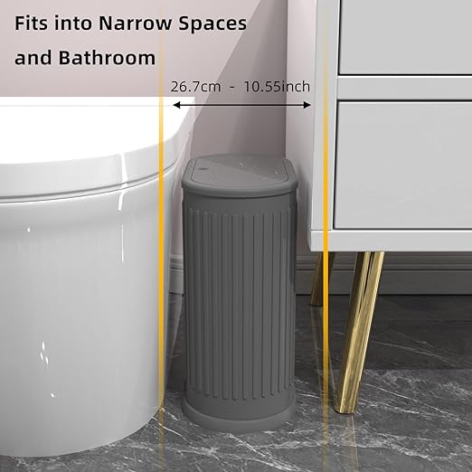 1.8 Gallons Small Stainless Steel Trash Can with Press Type Lid, Slim Bathroom Garbage Bin, Removable Liner Bucket, Dog Proof Narrow Wastebasket with Pop-Up Lid for Bedroom,Toilet (Gray)