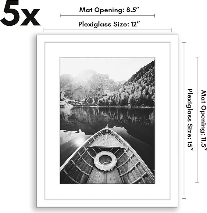 Americanflat 12x15 Picture Frame with Polished Plexiglass - Set of 5 - Use as 9x12 Frame with Mat or Display 12x15 Photo Without Mat - Galleria Collection - Picture Frames for Wall Display - White