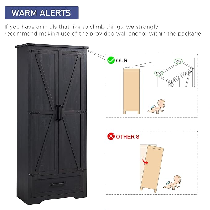 Farmhouse Kitchen Pantry Cabinet - 72" Tall Large Wood Kitchen Storage Cabinets with Adjustable Shelves & 2 Barn Doors & Drawer, Versatile Storage for Dining Room, Bathroom, Living Room, Antique Black | Large, Adjustable Shelves, 2 Barn Doors, Drawer, ...