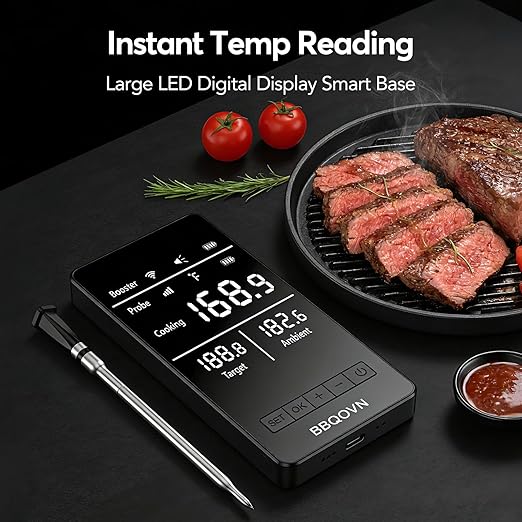 Smart WiFi Wireless Meat Thermometer Unlimited Range 7 NIST Cert.Sensors Accuracy ±0.5°F Sub-1G (10X Stronger than Bluetooth)APP&Digital Base,Monitor for BBQ, Grill,Oven, Smoker(1,Silver,Small)