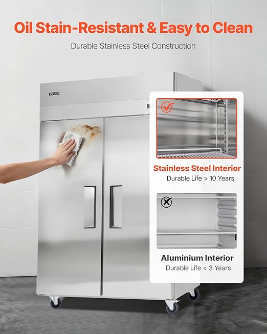 VEVOR Commercial Reach-In Refrigerator 48" W, 33 Cu.Ft Stainless Steel Upright Refrigerator with Double Glass Doors, Auto-Defrost, 6 Adjustable Shelves, 32 to 50℉ Temp Control, UL Certified