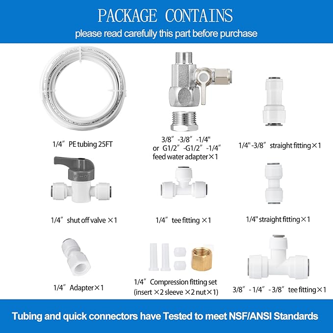 Refrigerator Water Line Kit - Food Grade Fridge Ice Maker Water Installation Kit,1/4 In O.D. 25 FT Water Tubing with Feed Water Adapter and Quick Fittings for RO Filter System,Refrigerator,Ice Maker