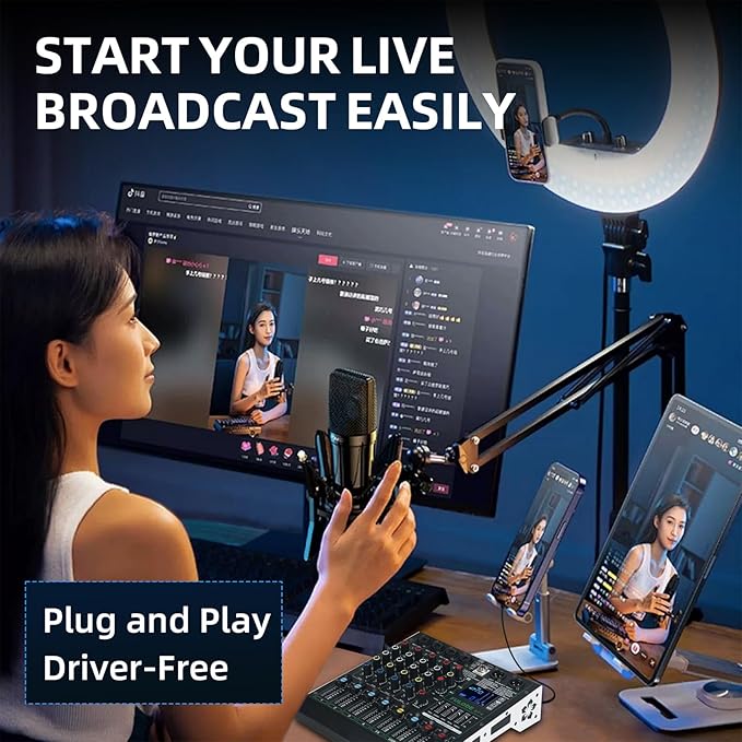 DT-4 Professional 4 Channe Audio Mixer，DJ Controller Sound Board Mixing with 99 DSP Effects,5-Band EQ/4 XLR interfaces and USB for Live Streaming & Recording，48V Phantom Power & Vocal Removal