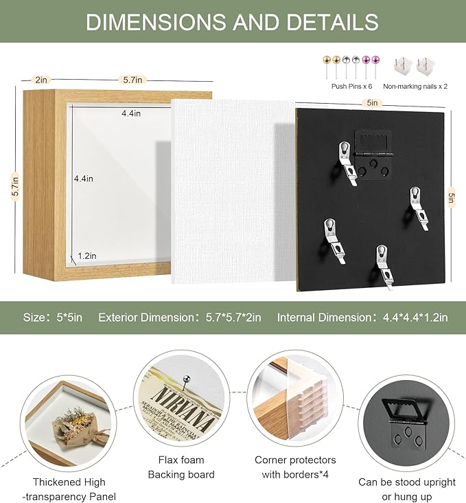 5x5 Mini Shadow Box Display Case Picture Frame with Soft Linen Back,Small Wood Color Shadow Box 5x5 for Flowers Medal Display Case Jersey pet Graduation Memorabilia Baby Ltems Crafts Photos