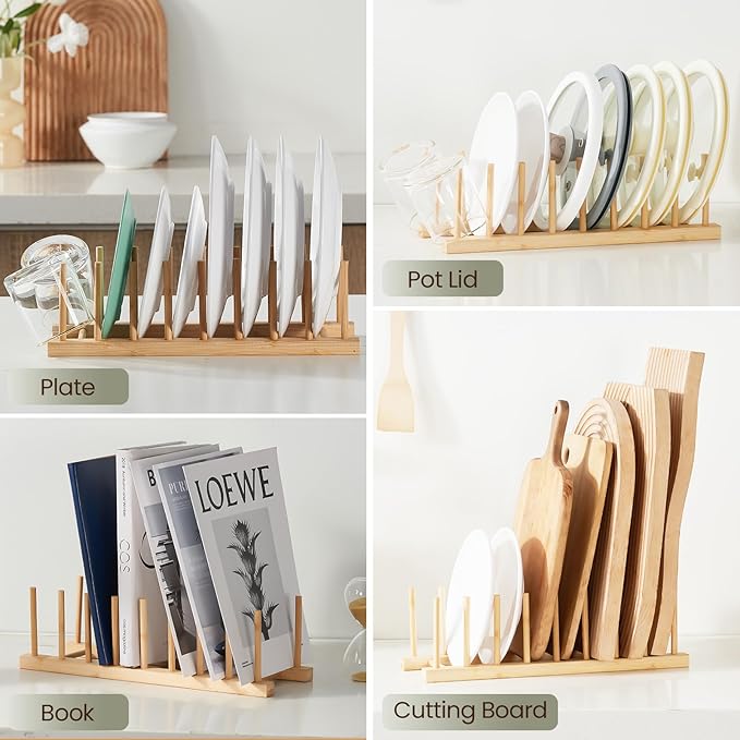2 Pack Bamboo Wooden Dish Rack-Plate Pot Lid Cutting Board Organizer Holder Rack for Cabinet-Kitchen Cabinet Organizer for Dish, Pots, Lids, Bowls, Bottles, Books, and Puzzle