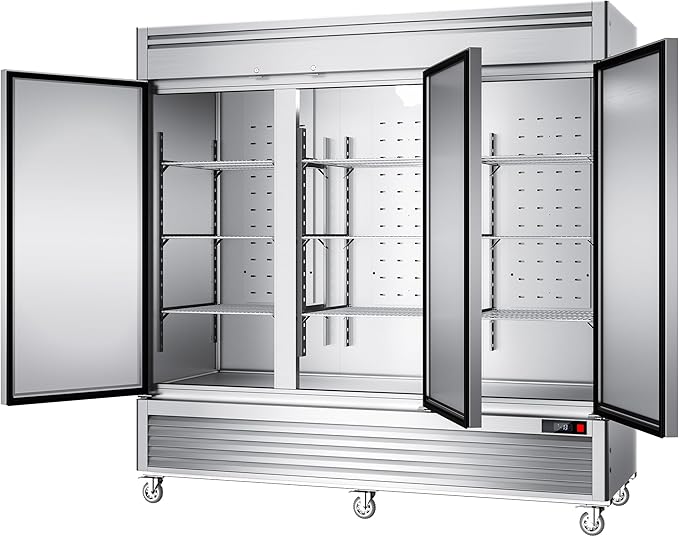 Coolake 82" Commercial Reach-In Refrigerator 3 Solid Doors, 72 Cu.ft Stainless Steel Fan Cooling Upright Fridge 12 Adjustable Shelves, Commercial Fridge for Restaurant Kitchen Cafe Grocery Store