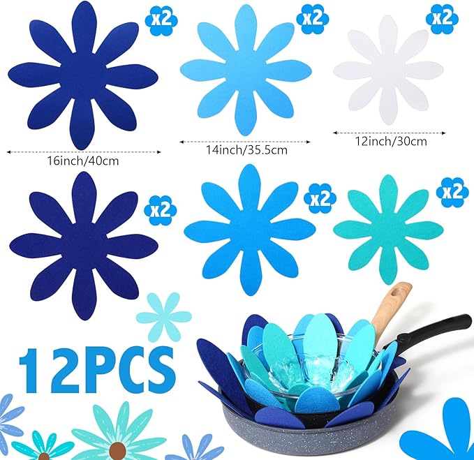 Queekay 12 Pcs Felt Pot and Pan Protectors 12/14/16 Inch Larger Thicker Pan Protector Pads, Colorful Pot Separators for Stacking Cookware Organizing Protecting(Blue)