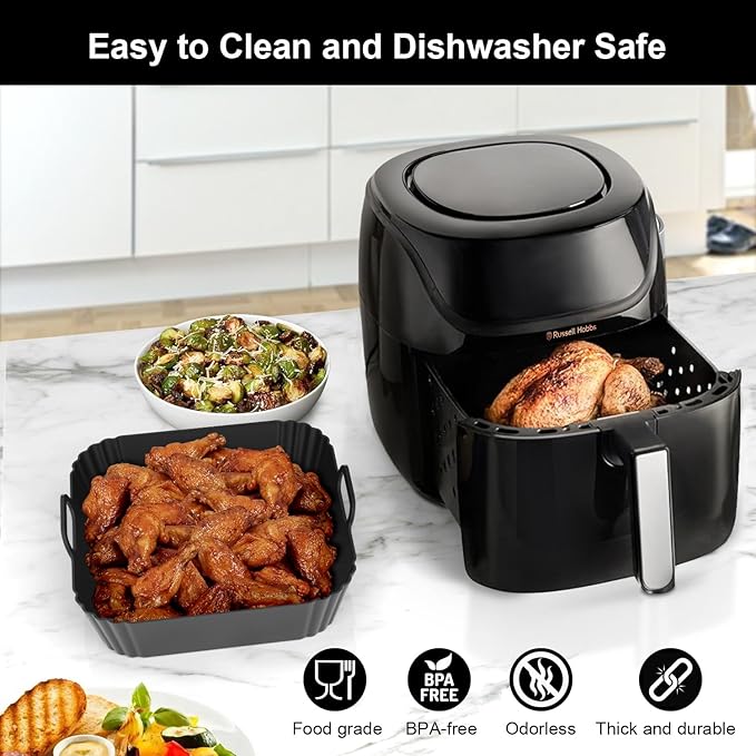9-Inch Large Square Silicone Air Fryer Liners for Ninja AF141 AF181 AF142 Cosori 6QT, 2 Pack Silicone Pot Baking Accessories for Chefman, Instant, Cuisinart, Reusable Tray Insert 5–8QT