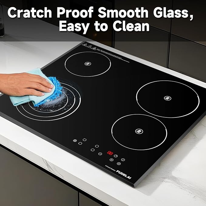 24 Inch Electric Cooktop 4 Burners,6500W 24" Electric Ceramic Cooktop with Child Lock & Auto Safety, Built-in/Countertop Infrared Cooker, 9 Power Levels, Easy-Clean Glass (No Plug)