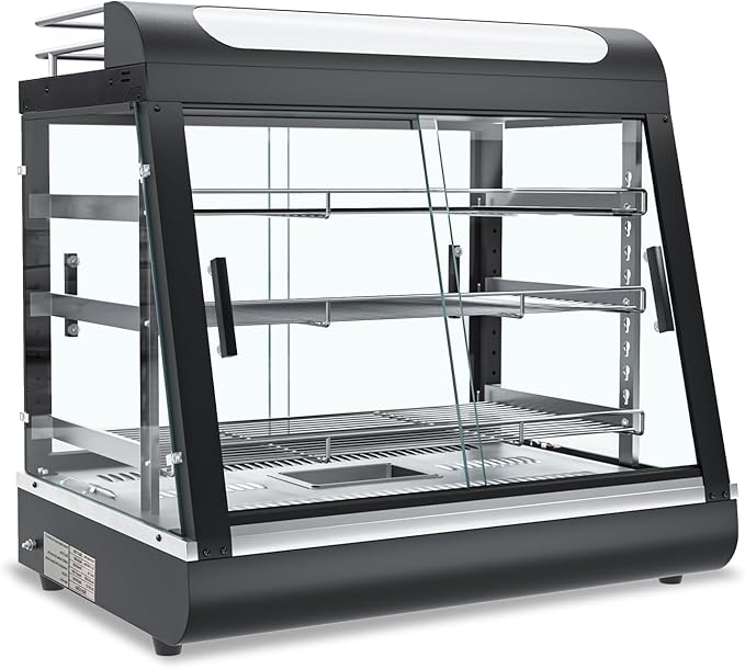 27 inch Countertop Food Warmer Display Case, 3-Tier Commercial Food Warmers with Top Rack for Milk/Bottles for Pizza/Pretzel, 3-Color Lighting, w/Thermometer for Cafeteria Kitchen Restaurant
