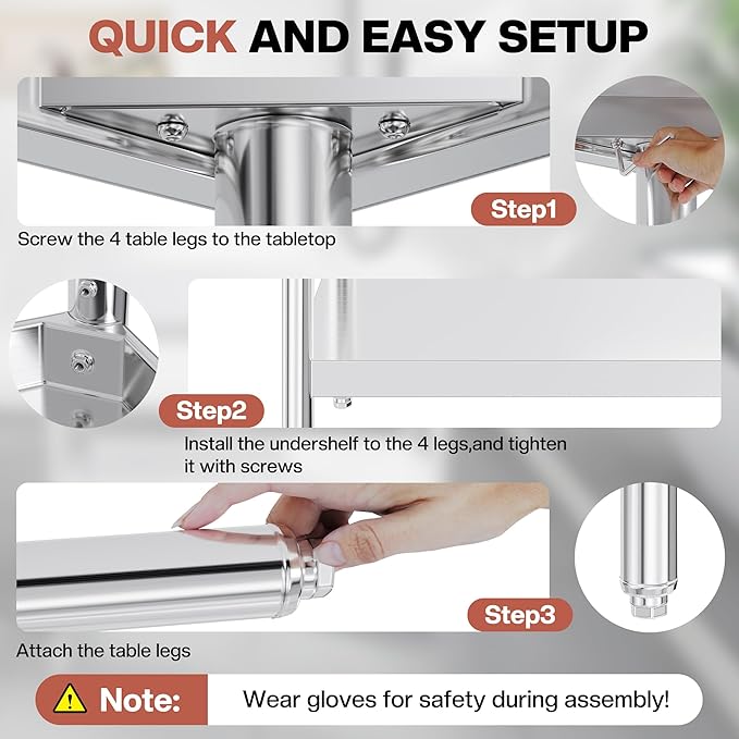 Jocisland 30" x 108" Stainless Steel Table for Prep & Work Adjustable Under Shelf and Feet, for Commercial Kitchen, Restaurant, Hotel, Garage