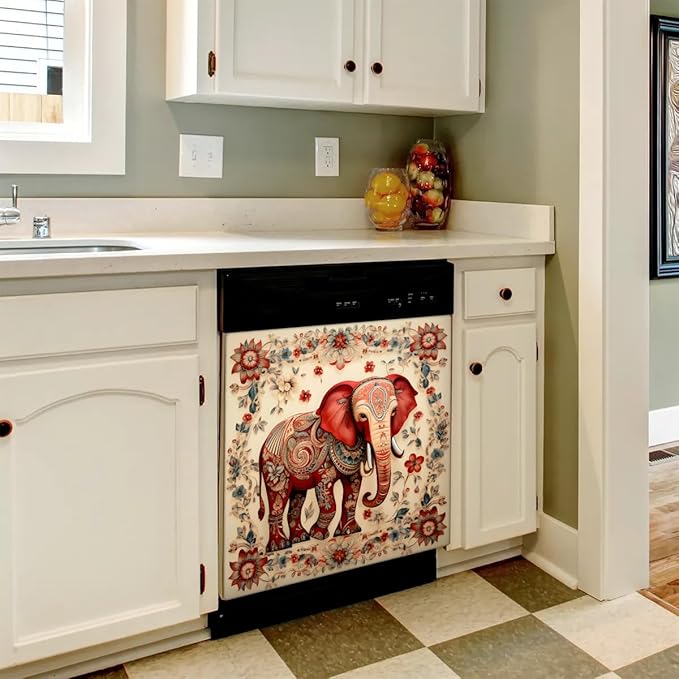 Elephant Flower Paisley Dishwasher Magnet Cover, Reusable Refrigerator Panel Stickers Microwave Front Door Covers Magnets for Kitchen Home Appliances Holiday Party Decorations 23 X 26 in