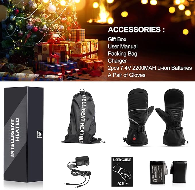 SNOW DEER Heated Mittens Gloves for Men and Women, 7.4V 2200MAH Electric Rechargeable Battery Ski for Winter Skiing Skating Snow Camping Hiking Heated Arthritis Hand Warmer Gloves