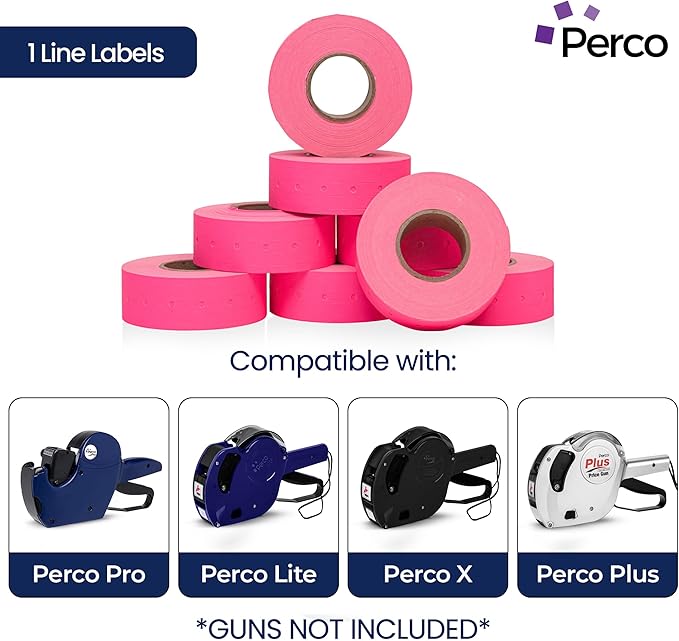 Perco 1 Line Fluorescent Pink Labels - 8 Rolls, 1 Sleeve, 8,000 Blank Price and Date Gun Labels for Perco Lite, X, Plus and Pro 1 Line Price and Date Guns - Made in USA