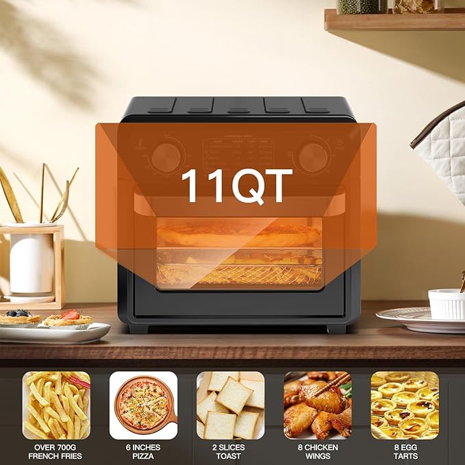 11QT Compact 2-Slice Air Fryer Toaster Oven with Reference Menus, 1500W Convection Countertop Oven, Adjustable Time & Temperature, Ideal for Singles & Couples, Black