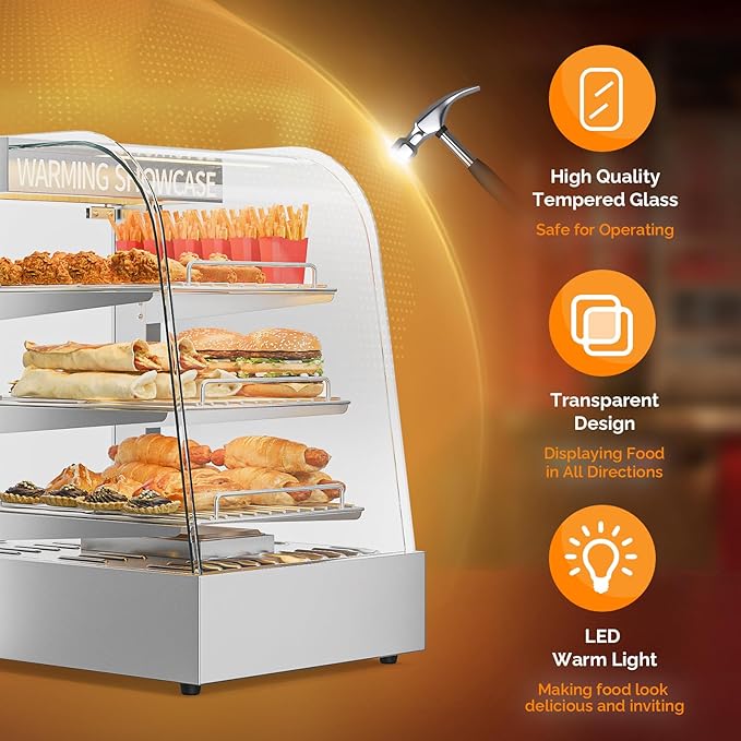 ROVSUN 15" Commercial Food Warmer Display Pizza Warmer, 3-Tier Electric Countertop Food Warmer w/LED Lighting Adjustable Removable Shelves Glass Door, Pretzel Warmer for Buffet Restaurant, Silver