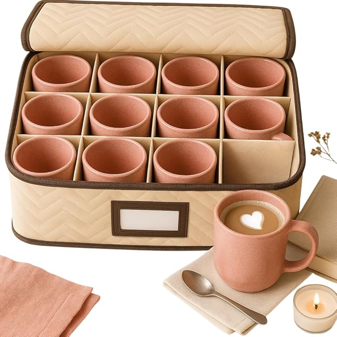 Mugs Storage Container - Quilted Microfiber China Organizer Box with Dividers , Protects & Organizes Up to 12 Mugs - Ideal for Seasonal Dishware Protection