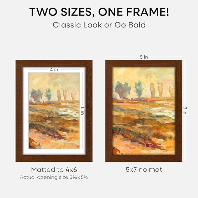 Homeforia 5x7 Brown Picture Frame, High End Dark Oak 5x7 Wooden Frames with Mat 4x6 Photo, 5 x 7 Walnut Wood Frame Matted to 4 x 6 Print, 7x5 Wall or Tabletop Frame, Tempered Glass, Wall Kit, Set of 2