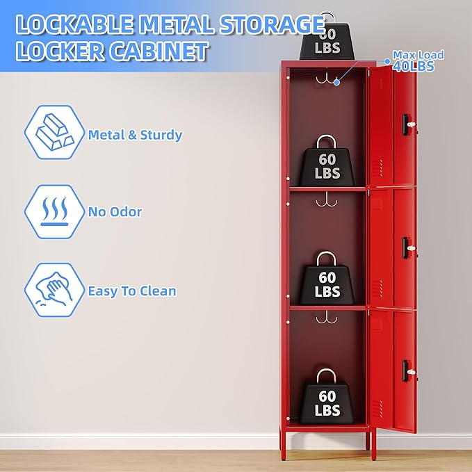 METAN Metal Storage Employees Lockers with 3 Lockable Doors and Hooks,66''H*16''W*16''D Locking Storage Cabinets for Small Spaces,Home,School,Gym,Assembly Required,Red