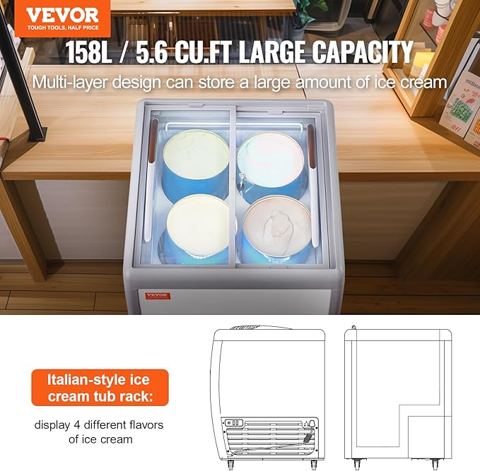 VEVOR Commercial Ice Cream Display Case, 5.6 Cu.ft Chest Freezer, Mobile Glass Top Deep Freezer, Restaurant Gelato Dipping Cabinet, 2 Sliding Glass Doors, Locking Casters, White