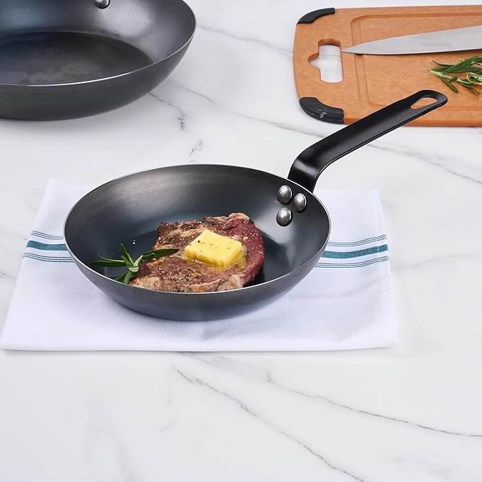 Restaurantware-Met Lux 8 Inch Fry Pans, 6 Lightweight Frying Pans - Induction-Ready, Triple-Riveted, Black Carbon Steel Cooking Skillets, Durable, For Searing, Sauteing, And Browning Food