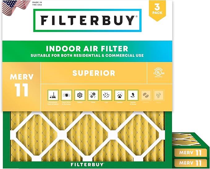 Filterbuy 23x23x1 Air Filter MERV 11 Superior Pet & Allergy Defense (3-Pack), Electrostatic Pleated HVAC AC Furnace Filters Replacement, Made in USA (Actual Size: 22.50 x 22.50 x 0.75)