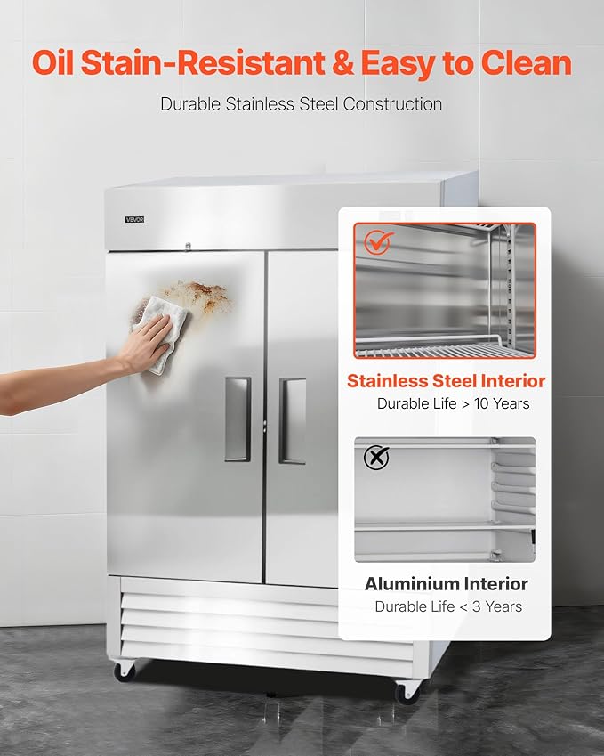 VEVOR Commercial Reach-In Freezer 54" W, 44 Cu.Ft Stainless Steel Upright Freezer with Double Doors, Auto-Defrost, 8 Adjustable Shelves, -11 to 14℉ Temp Control, ETL Certified