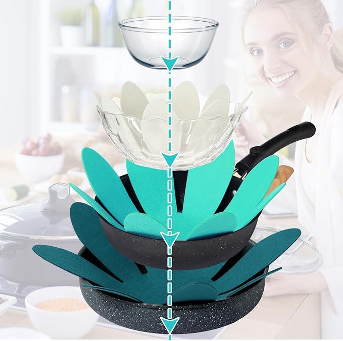Queekay 12 Pcs Felt Pot and Pan Protectors 12/14/16 Inch Larger Thicker Pan Protector Pads, Colorful Pot Separators for Stacking Cookware Organizing Protecting(Classic Color)