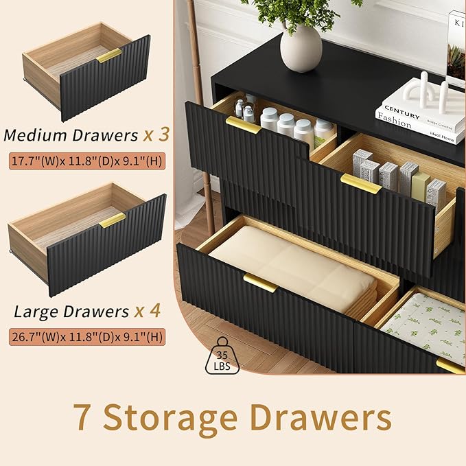 7 Drawers Dresser for Bedroom,55" Wide Fluted Dresser with Deep Drawers, Modern Chest of Drawers, Wood TV Stand Storage Organizer for Closet, Living Room, Hallway, Black