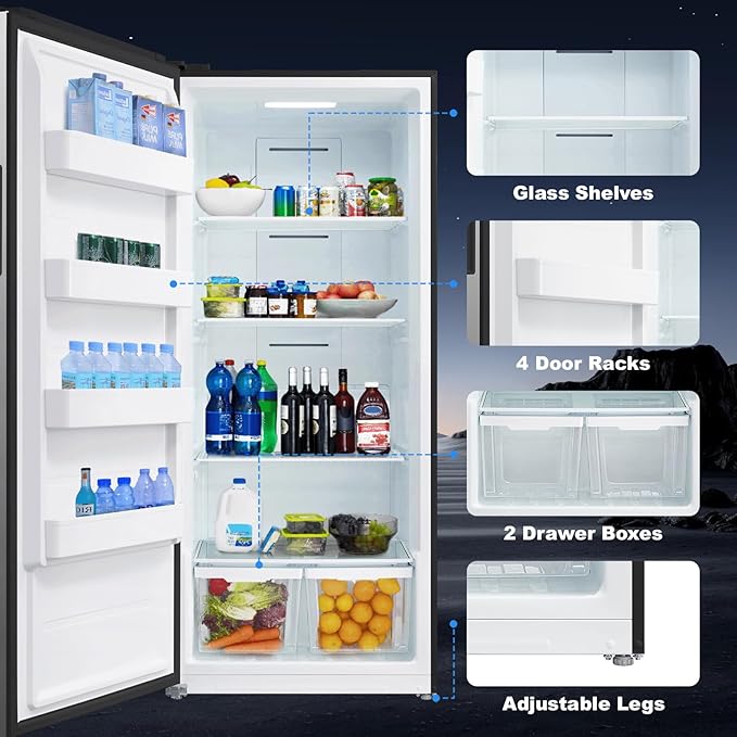 SMETA 21 Cu. Ft Freezer Upright, Stand Up Convertible All Refrigerator with Glass Shelves, Frost Free, Energy Saving, Led Light, Deep Tall Freezers Freezerless for Garage, Kitchen, Home, Office