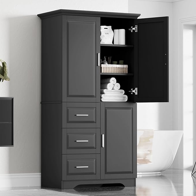 62.2" Wide Storage Cabinet Pantry Cupboard with Doors and Drawers for Home Kitchen, Bathroom and Living Room, Adjustable Shelf, Black