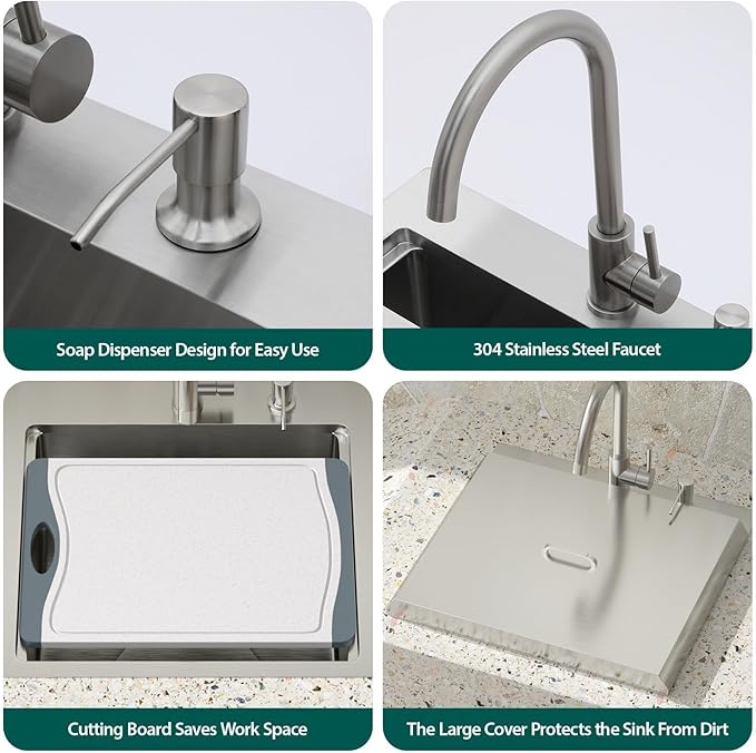 Outdoor Kitchen Sink - 21 x 20 Inch Outdoor Sink Drop In Workstation Stainless Steel 16 Gauge Topmount Single Bowl Small Wet Bar Sinks with Faucet & Premium Stainless Steel Cover #TLT-0030