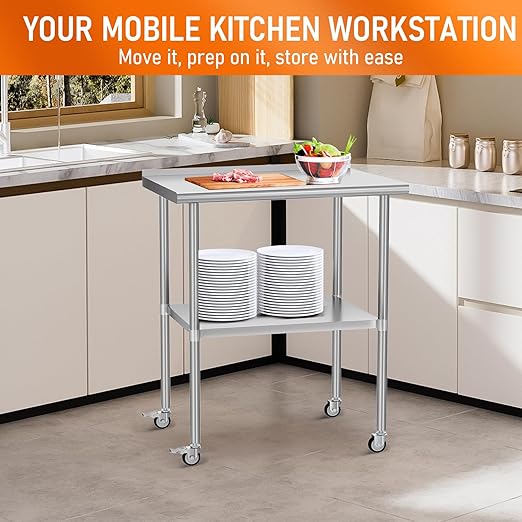 Stainless Steel Prep Table 24" X 30" with Adjustable Undershelf, Backsplash and Wheels, Commercial Metal Workstations for Kitchen, Garage, Outdoor BBQ
