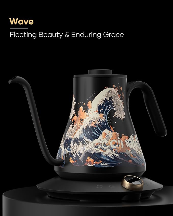 Cocinare FLOW M9 Electric Gooseneck Kettle, ±1℉ Temperature Control for Pour-over Coffee & Tea, Stainless Steel Interior, Quick Heating for Boiling Water (Wave)