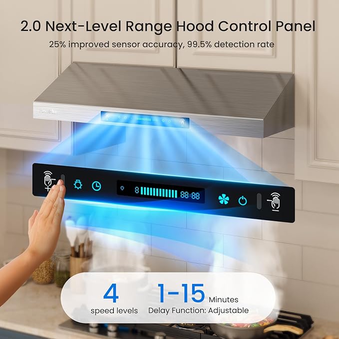 HisoHu 36 Inch Under Ducted Cabinet Range Hood with 1200 CFM, 4 Speed Gesture Sensing Kitchen Exhaust Hood & Touch Control Panel, Stainless Steel Stove Vent Hood with 2 LED Lights