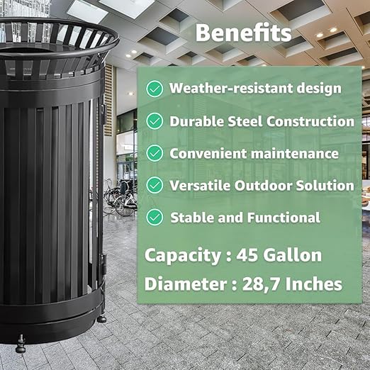 45 Gallon Commercial Black Waste Bin with Flat Lid & Door, Heavy-Duty Outdoor Trash Can Steel Slatted, Round Recycle Container, Durable Garbage Can for Parks, Municipalities, Schools, Parking