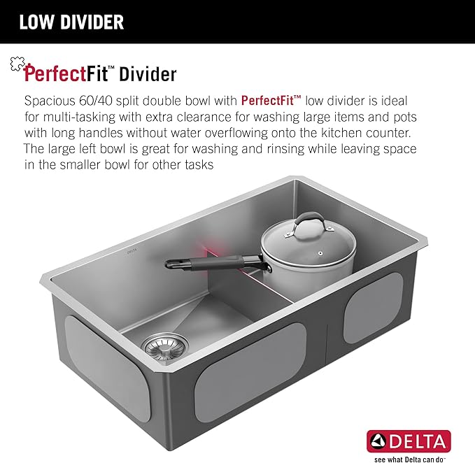 DELTA FAUCET Delta Lenta 32-inch Undermount 16 Gauge Stainless Steel Double Bowl Kitchen Sink with Accessories, 953034-32D6-SS, Satin, 32 Inch - Double Bowl