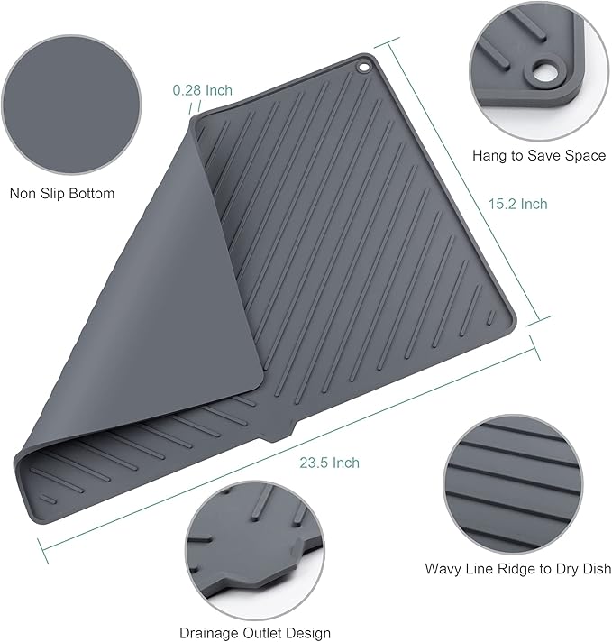 Dish Drying Mat, Silicone Dish Drying Mat for Kitchen Counter, Extra Thick & Large Dish Drainboard Mat with Built-in Drain, Non-silp, Heat Resistant, Dishwasher Safe (Gray, 24" x 15")