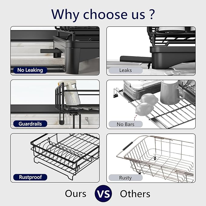 MIKEE Large Dish Drying Rack for Kitchen Counter, Expandable Rustproof Dish Drainer - Over The Sink Dish Drying Rack with 360° Rotating Drain, Kitchen Utensil Holder, Home and Kitchen Organization